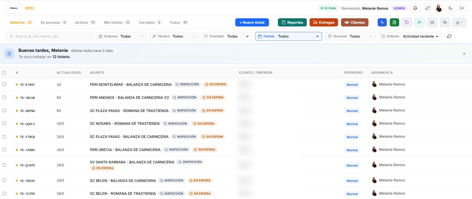 Dashboard de Nodux — tickets, fases y SLA en tiempo real
